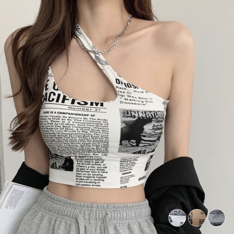 英字 プリント柄 アンシンメトリー カップ付 ヨガウェア