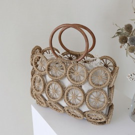 巾着付き 上品な模様編み かごバッグ