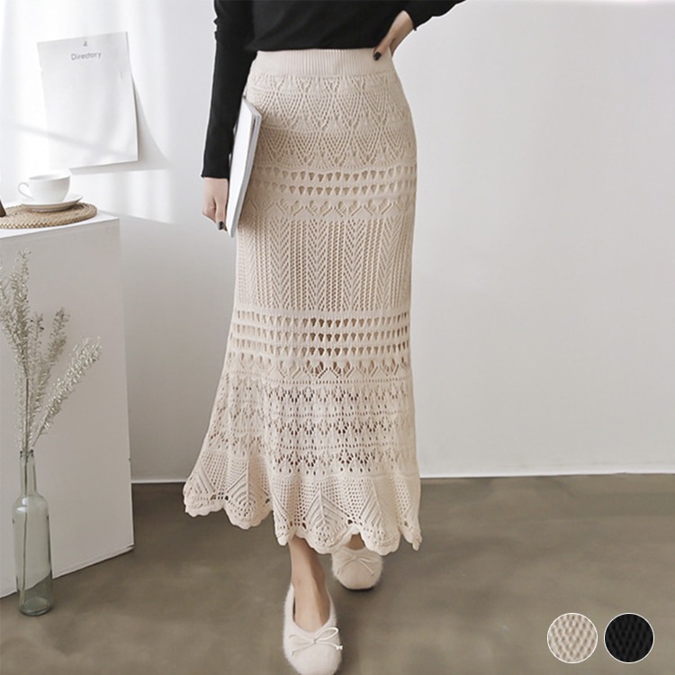 S-XL かぎ編み ニット シースルー ロングスカート