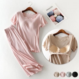 M-3L てろんと感 ブラカップ付き 半袖 七分丈 ルームウェア