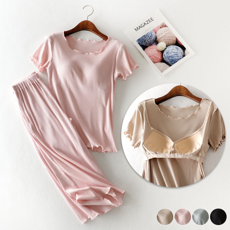 M-3L てろんと感 ブラカップ付き 半袖 七分丈 ルームウェア