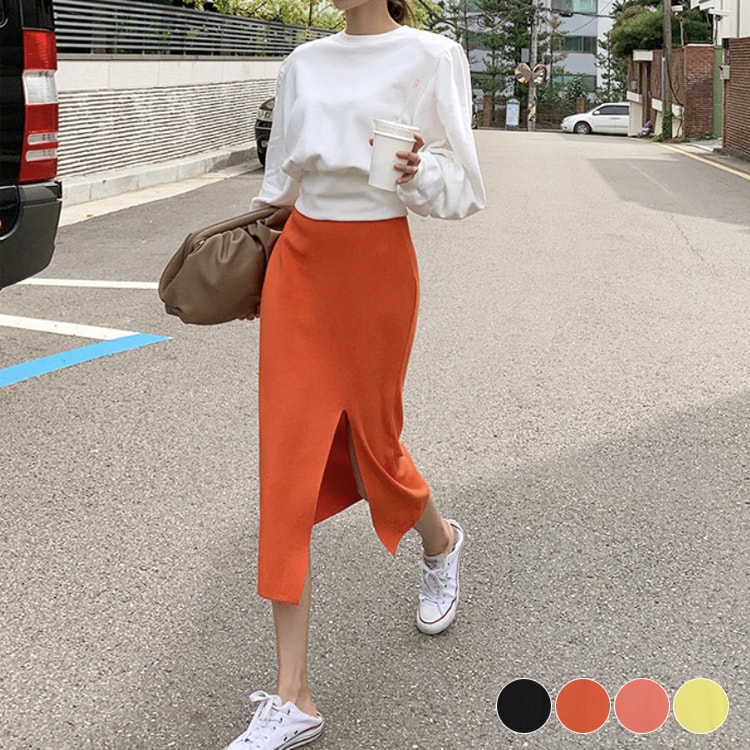 深スリット タイトライン ミモレ丈 ニットスカート