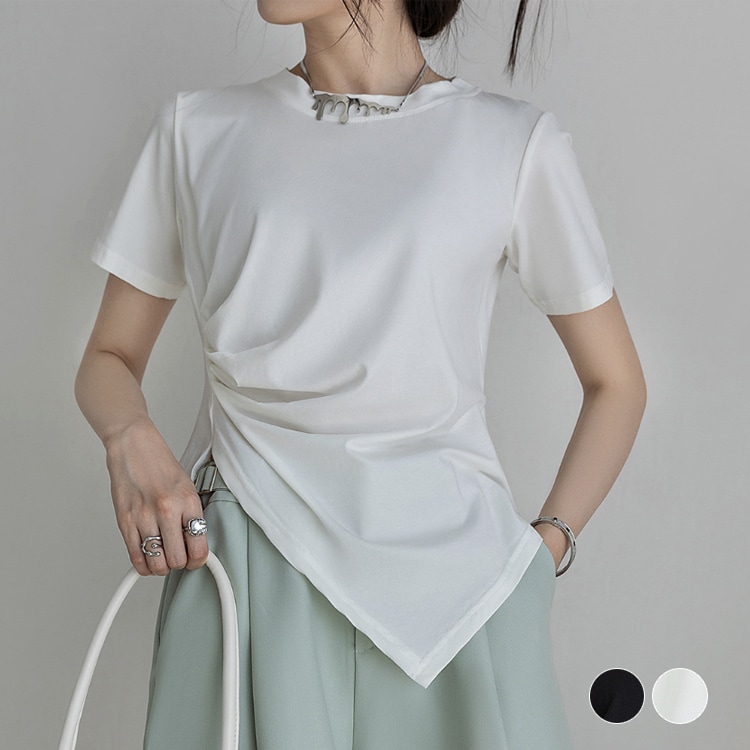 アンシンメトリー サイドギャザー 半袖Tシャツ
