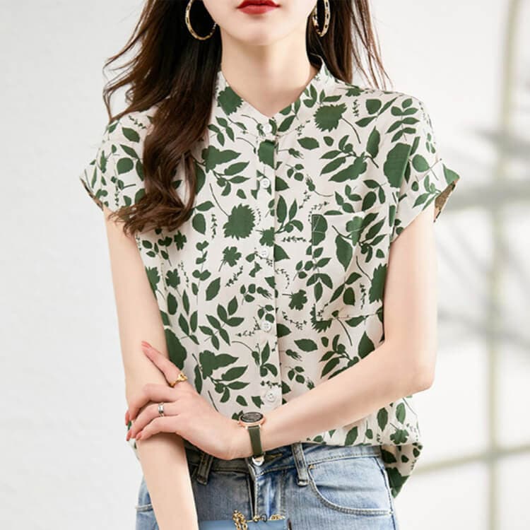 モックネック ボタニカル柄 半袖 シアーブラウス