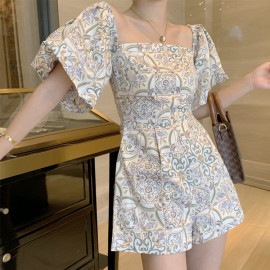 プリント柄 ボリューム袖 ショート丈 サロペット