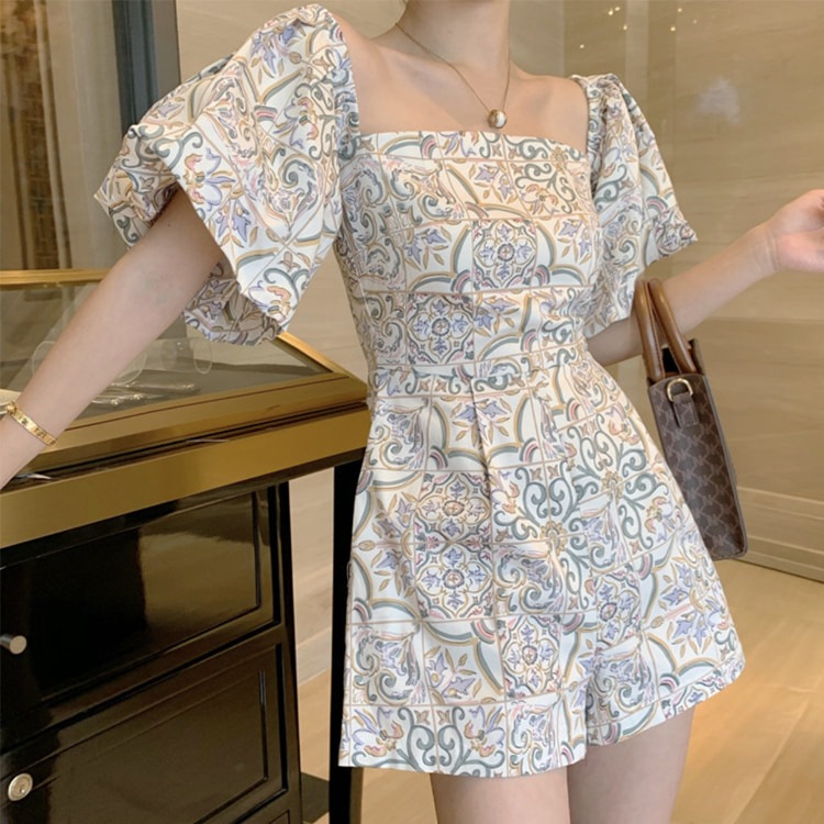 プリント柄 ボリューム袖 ショート丈 サロペット