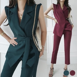 オープンカラーベスト テーパードパンツ セットアップ