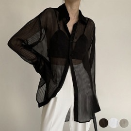 シースルー ストライプ 長袖 シアーブラウス