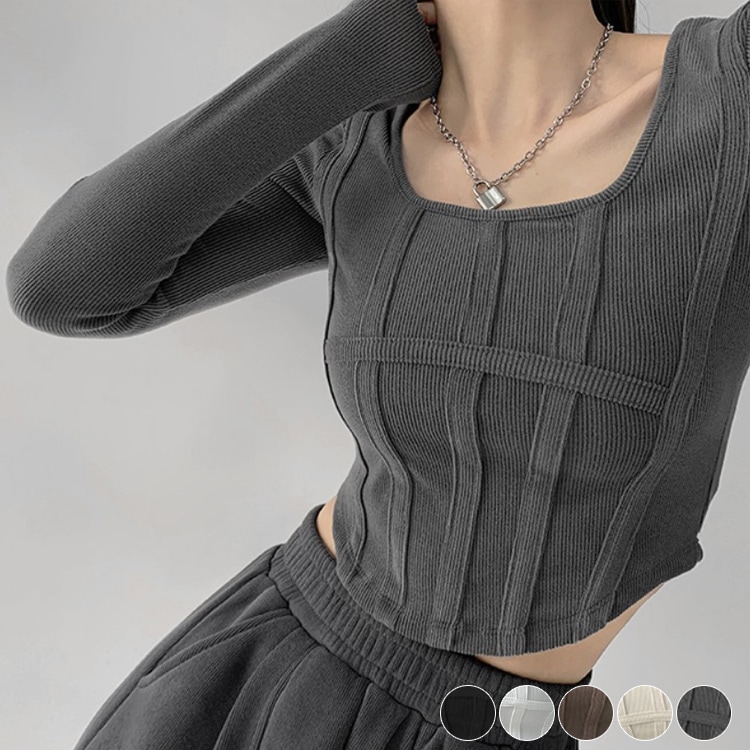 切り替えデザイン 腰見せ 長袖 ショート丈 Tシャツ