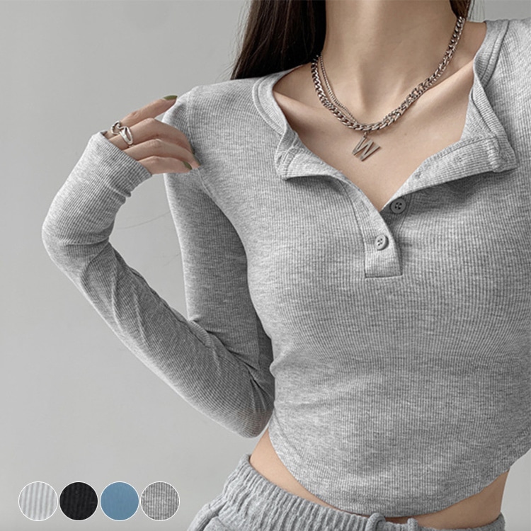 へそ出し ヘンリーネック ショート丈 長袖Tシャツ