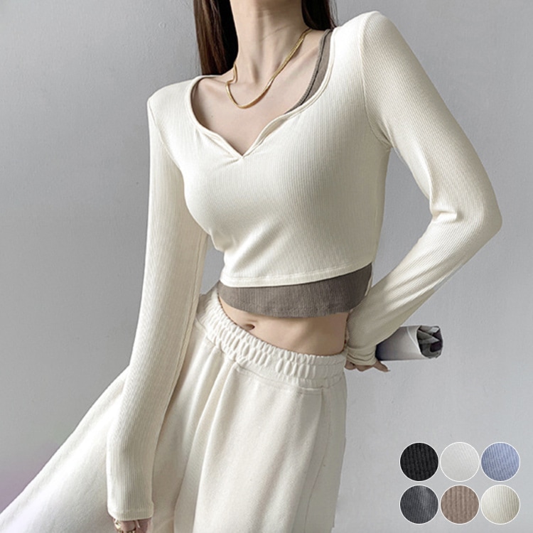 へそ出し キーネック レイヤード風 長袖Tシャツ