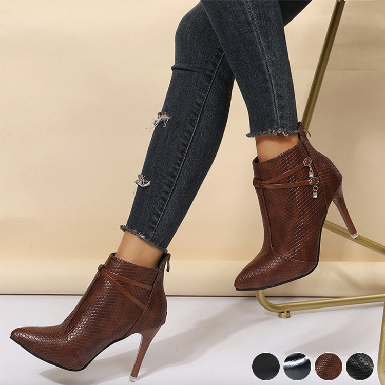 ストーン×ベルト付き ハイヒール ブーティー