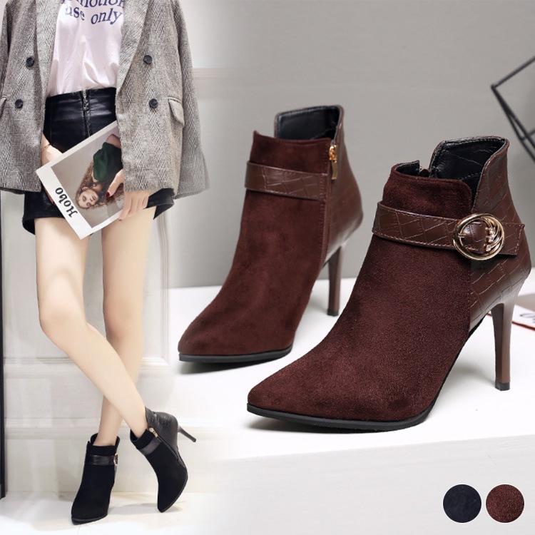 レザー スウェード 切り替え ピンヒール ブーティー