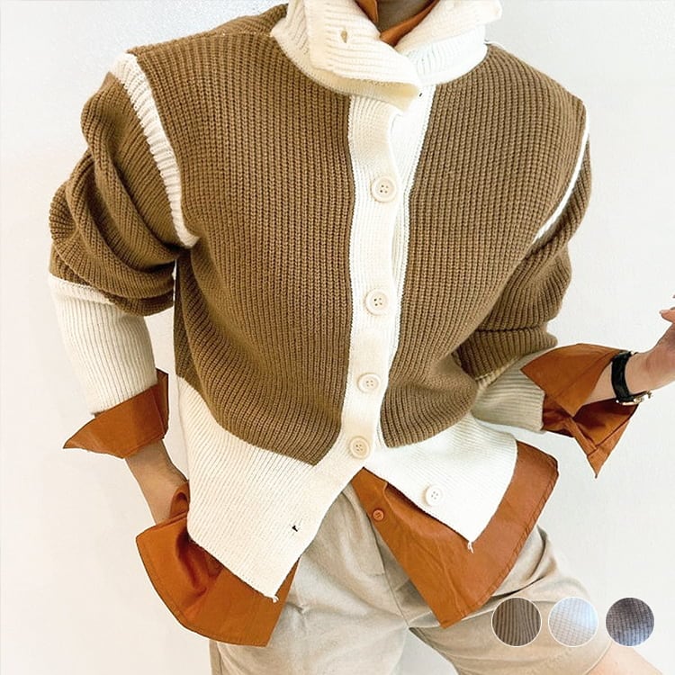 2WAY ハイネック バイカラー リブニットカーディガン