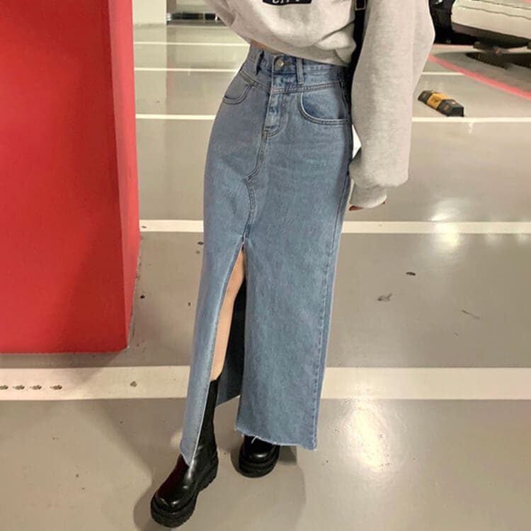 ウエストデザイン フロントスリット デニム ロングスカート