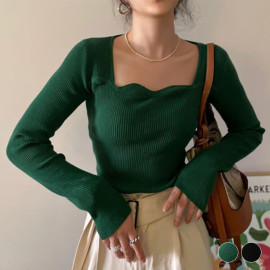 ハートシェイプドネック 長袖 リブニットトップス