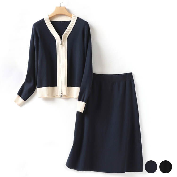 ジップアップ ニットカーディガン フレアスカート