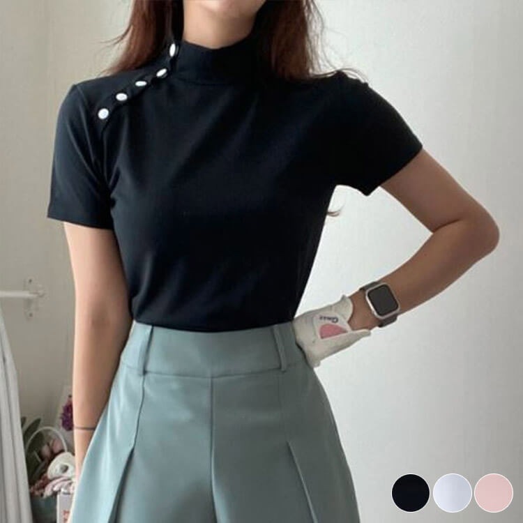 韓国ゴルフウェア アシンメトリーボタン 半袖 Ｔシャツ
