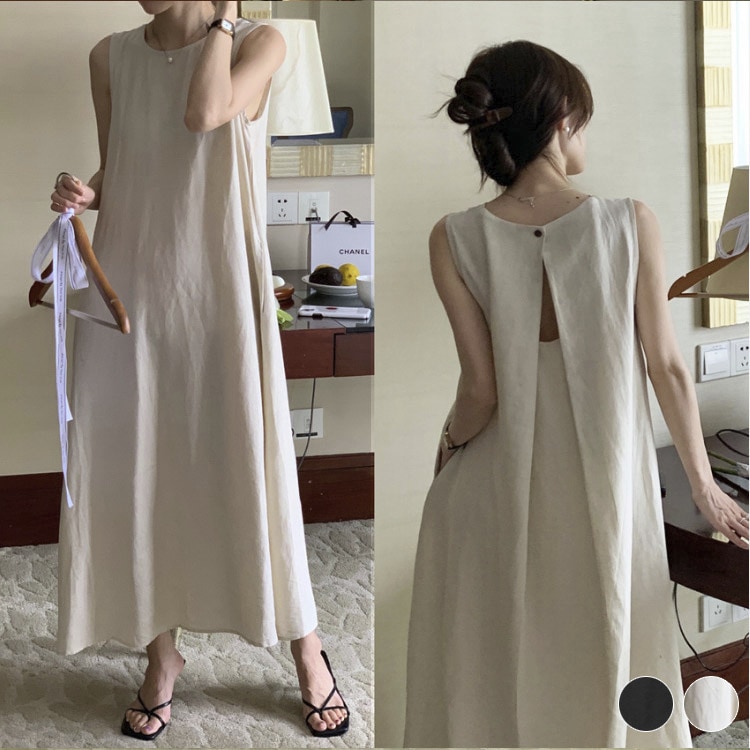 バックシャン 背中みせ Ａライン ノースリーブ ワンピース