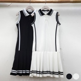 韓国 ノースリーブ バイカラー ポロ プリーツ ワンピース