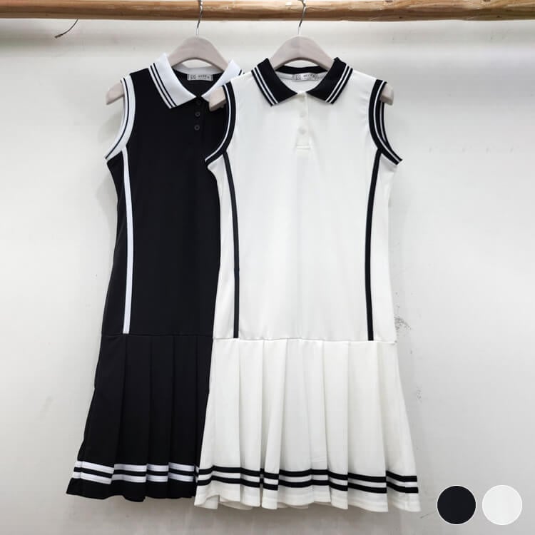 韓国 ノースリーブ バイカラー ポロ プリーツ ワンピース
