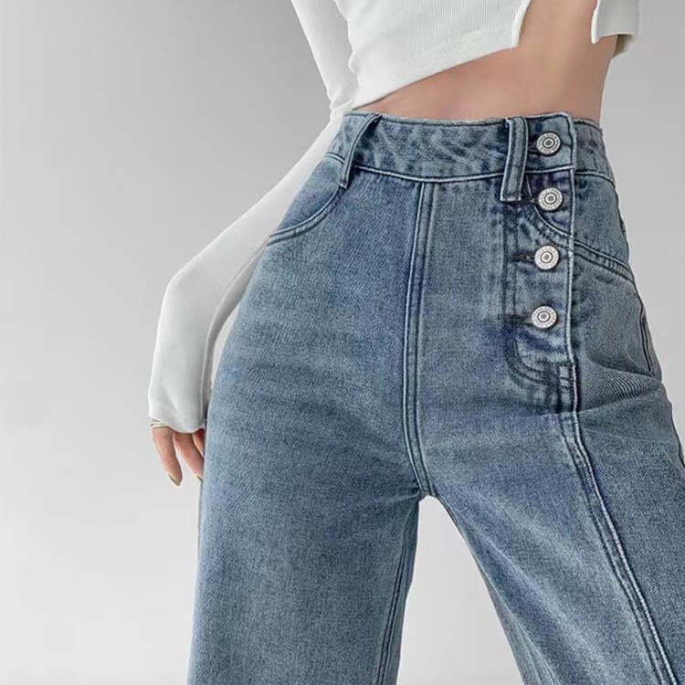 サイドボタン アンシンメトリー ワイド デニムパンツ