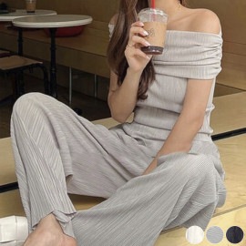 オフショルダートップス ワイドパンツ プリーツ セットアップ
