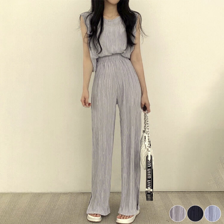 ノースリーブ トップス ワイドパンツ プリーツ セットアップ