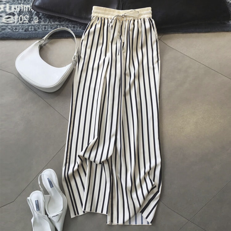 てろんと感 ストライプ柄 ストレート ワイドパンツ