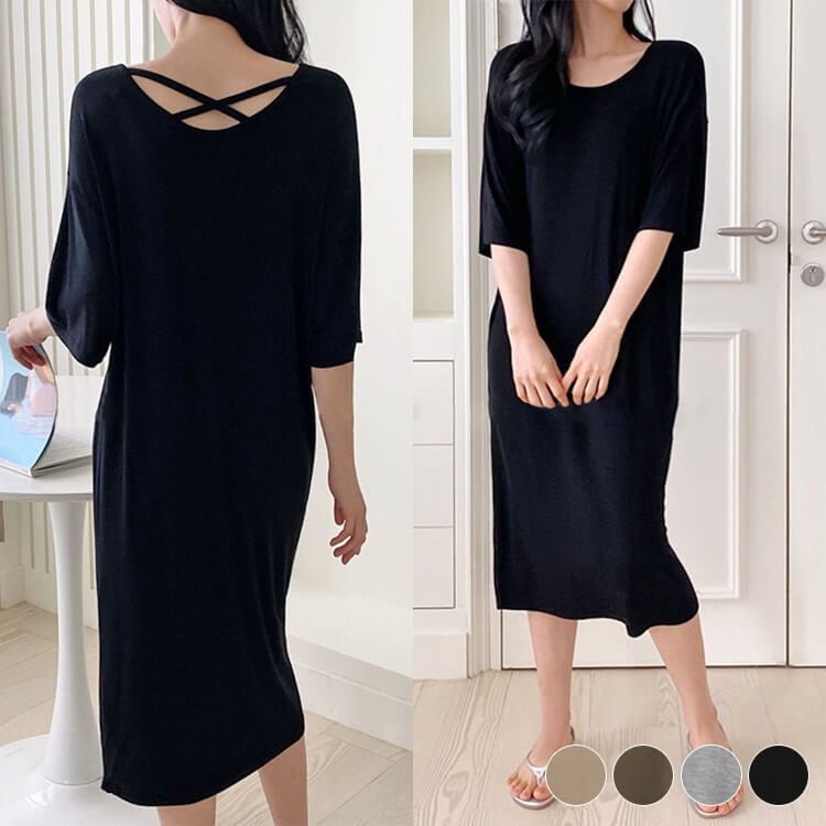 ゆったり 5分袖 ミモレ丈 Ｔシャツワンピース