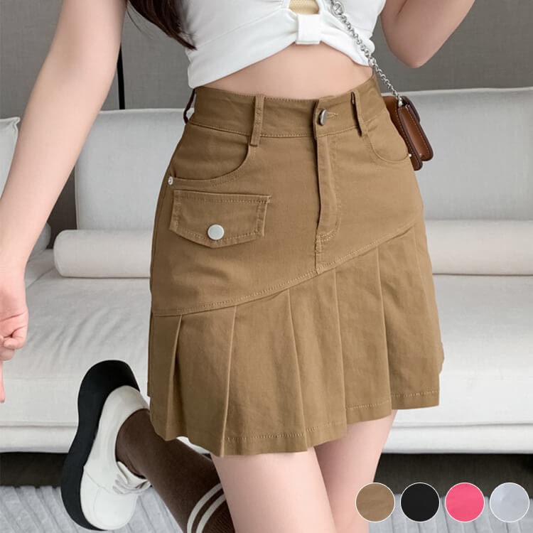 アシンメトリー プリーツ切り替え チノスカート