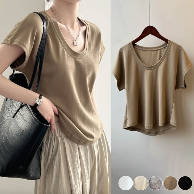 ドルマン袖 ゆったり Uネック 半袖 Tシャツ