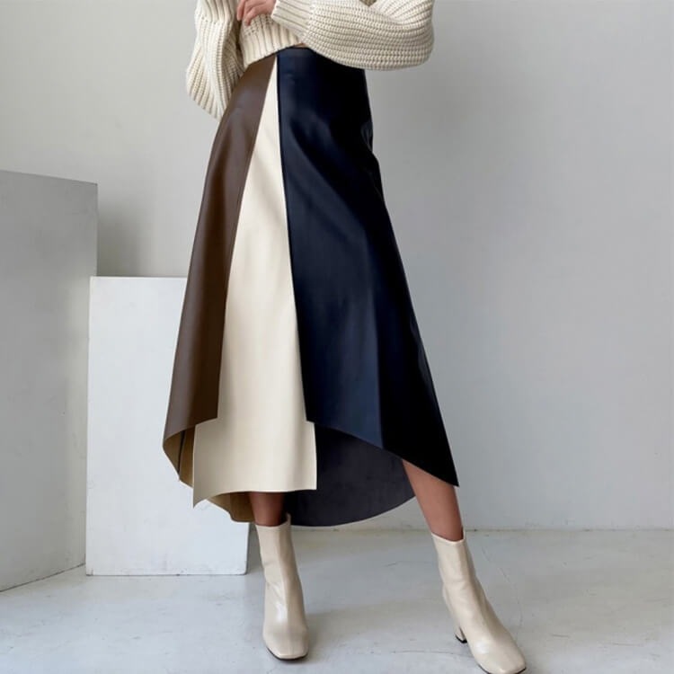 バイカラー スリット フェイクレザー スカート