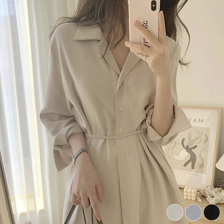 オープンカラー シンプル ミモレ丈 シャツワンピース