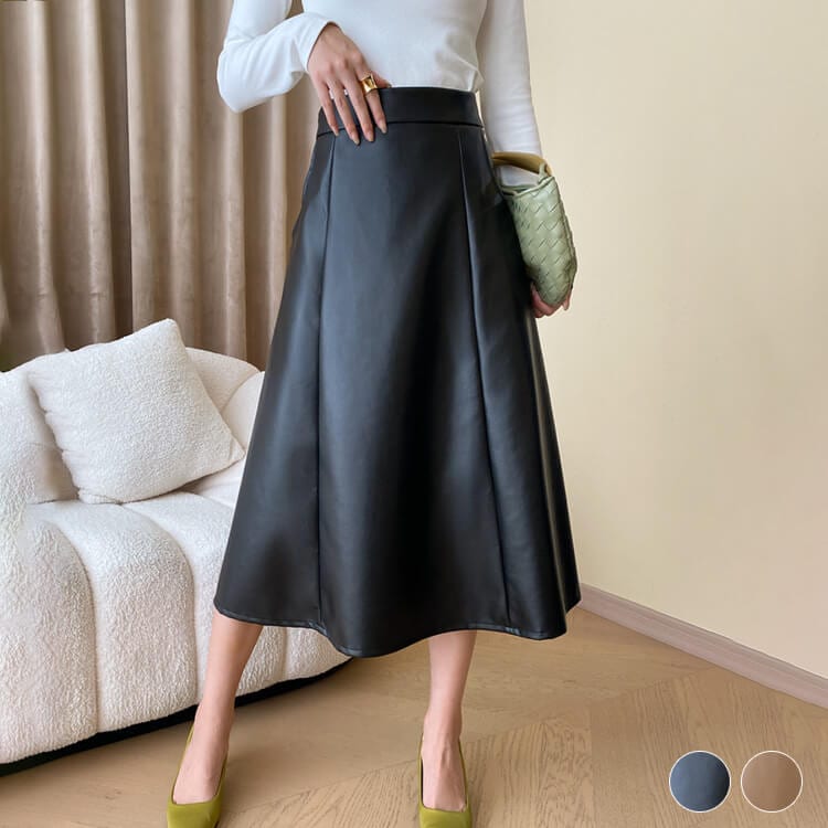 ふんわりAライン ミモレ丈 フェイクレザー スカート