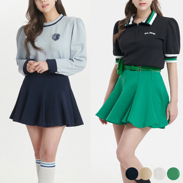 韓国ゴルフウェア ウエストゴム ピンタック フレアスカート