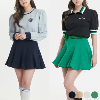 韓国ゴルフウェア ウエストゴム ピンタック フレアスカート