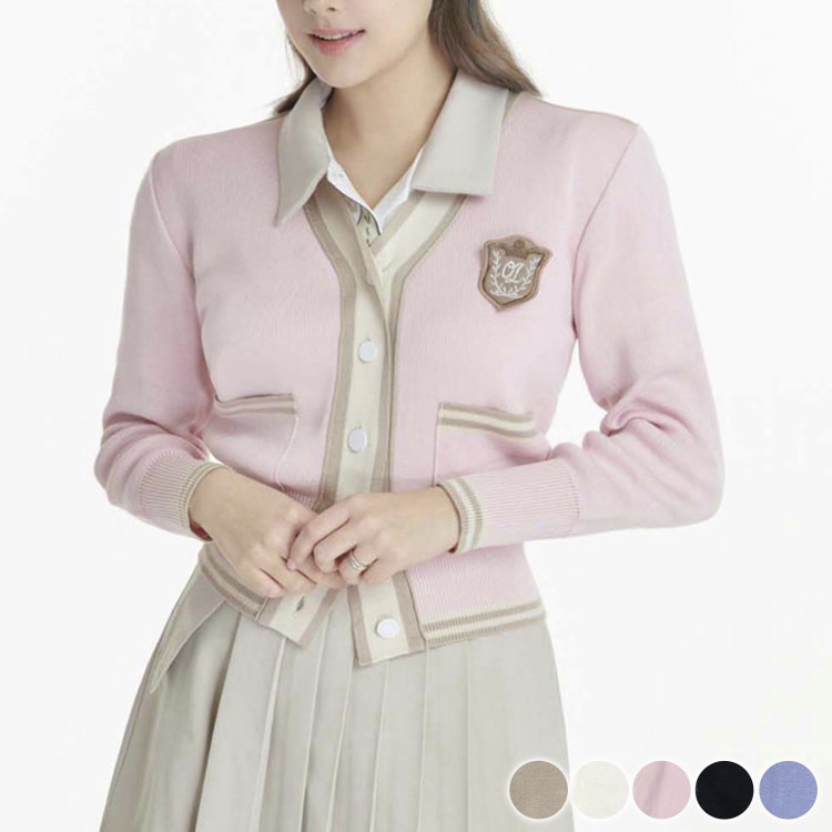 韓国ゴルフウェア ワッペン付き 配色 ニットカーディガン