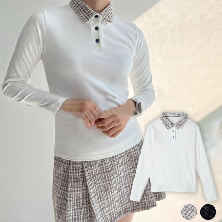 韓国ゴルフウェア ツイードチェック襟 長袖 ポロシャツ