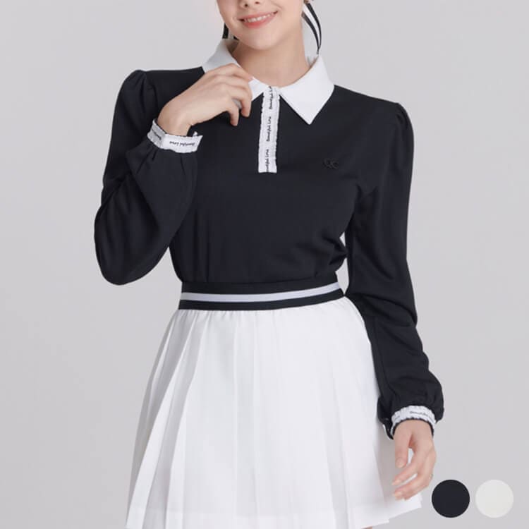 韓国ゴルフウェア バイカラー パフスリーブ トップス