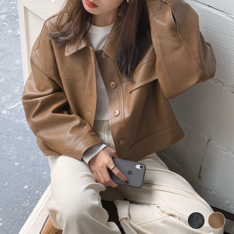 ゆったり ステンカラー フェイクレザー ジャケット コート