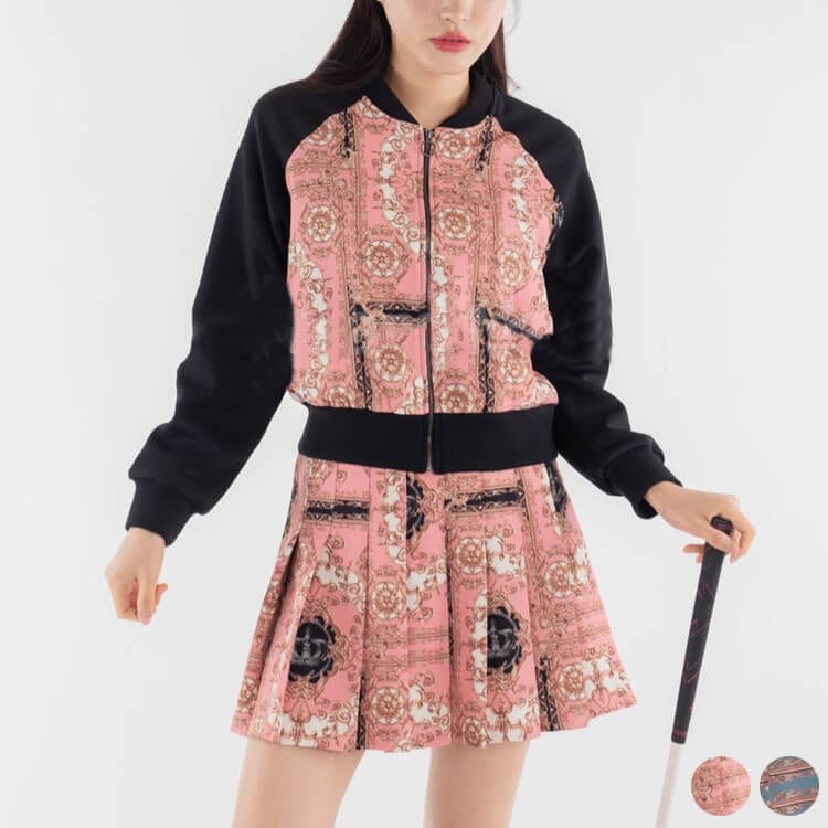 韓国ゴルフウェア スカーフ柄 上下セットアップ