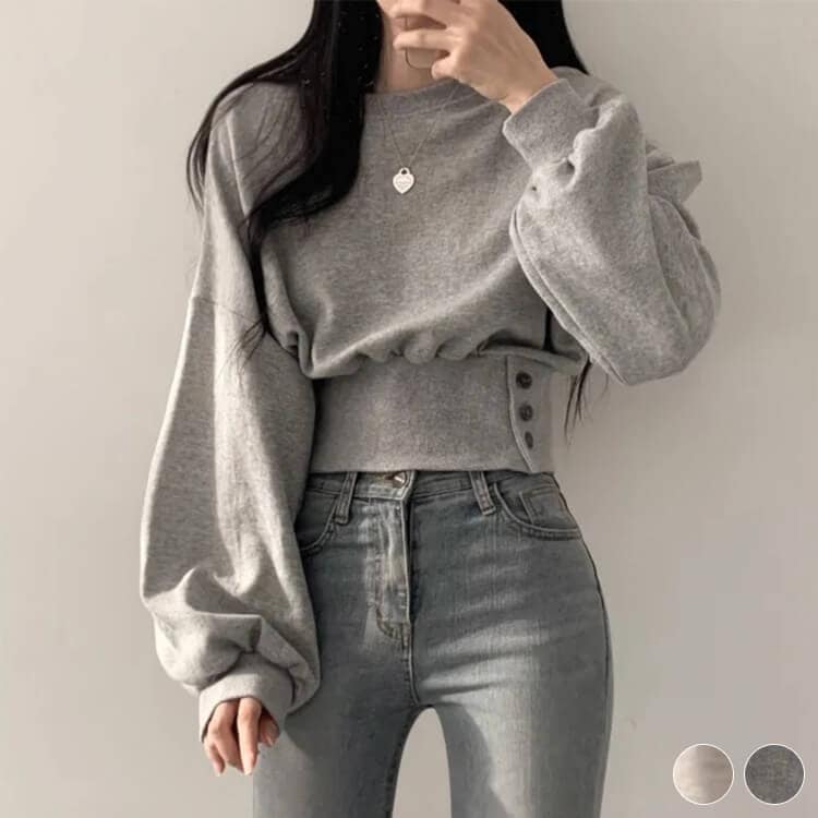 ぽわん袖 サイドボタン クロップド丈 スウェット トレーナー