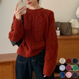 クルーネック ダイヤ柄 ケーブル編み レトロ ニットトップス