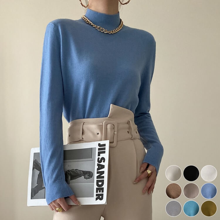 ゆったりシンプル ハイネック ニットトップス