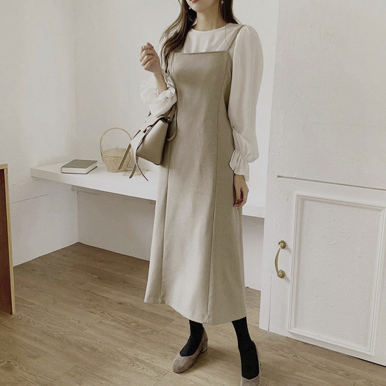 2点セット フリル長袖ブラウス ミモレ丈キャミワンピース