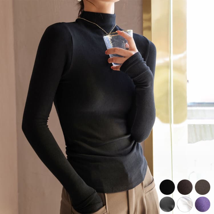 滑らかな肌触り ハイネック 長袖 カットソー