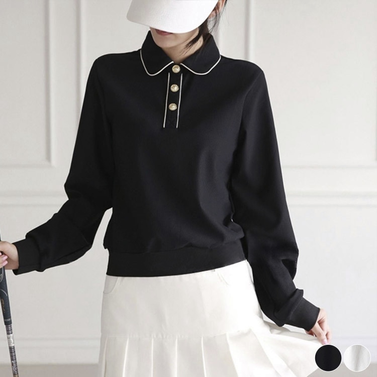 韓国ゴルフウェア 配色ライン 丸襟 長袖 ポロシャツ