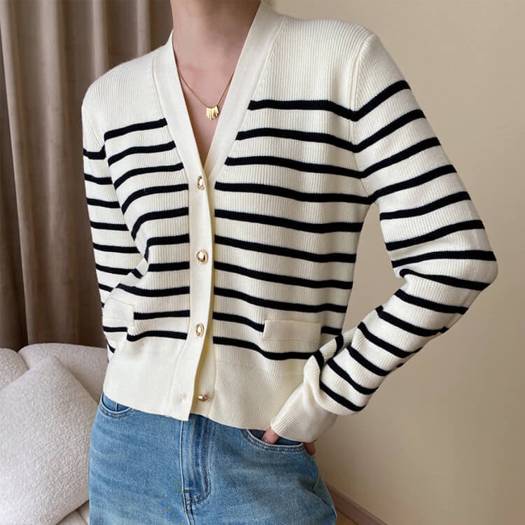 ゴールドボタン ボーダー 切り替え ニットカーディガン