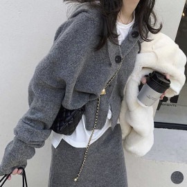 フード付きカーディガン ミモレ丈スカート ニット